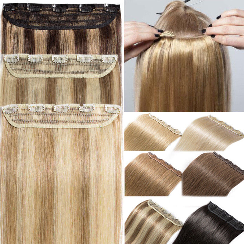 Deluxe Clip in 100% Remy Human Hair Extensions Full Head One Piece Weft US Salon