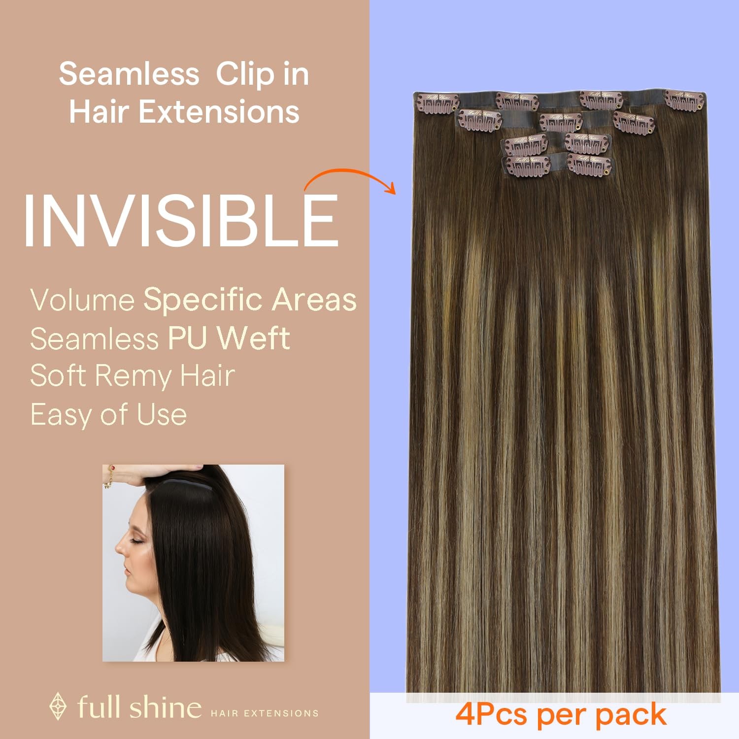 Hair Fill-ins Clip in, Balayage Brown Blonde 12 Inch 55g 4 Pcs