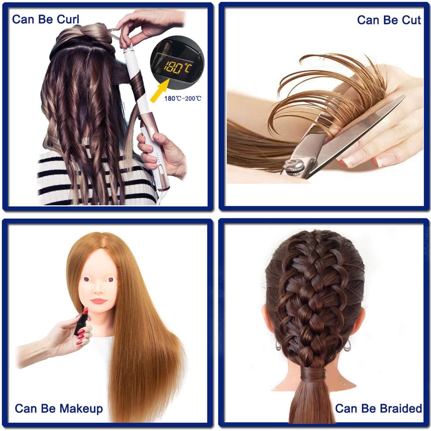 Mannequin Head with Real Hair 60% Straight Training Head with Sturdy Clamp and T