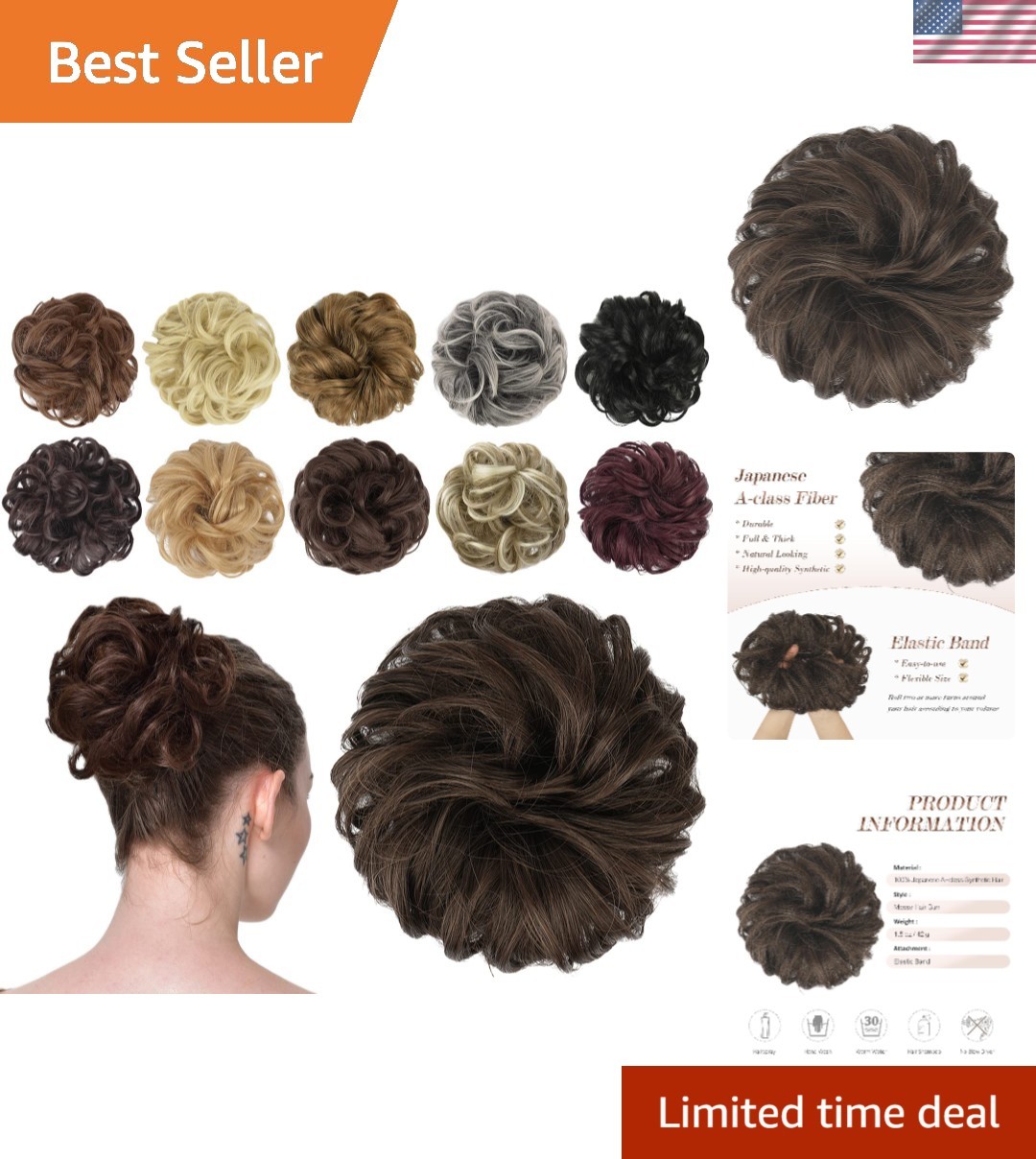 Stylish Wavy Synthetic Bun Hair Piece – Dark Brown & Light Auburn Mixed 1.30 oz