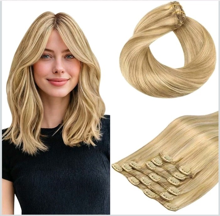 HOTBANANA 14″ Clip-in Hair Extensions, 7pcs, P16/22A Ash Blonde