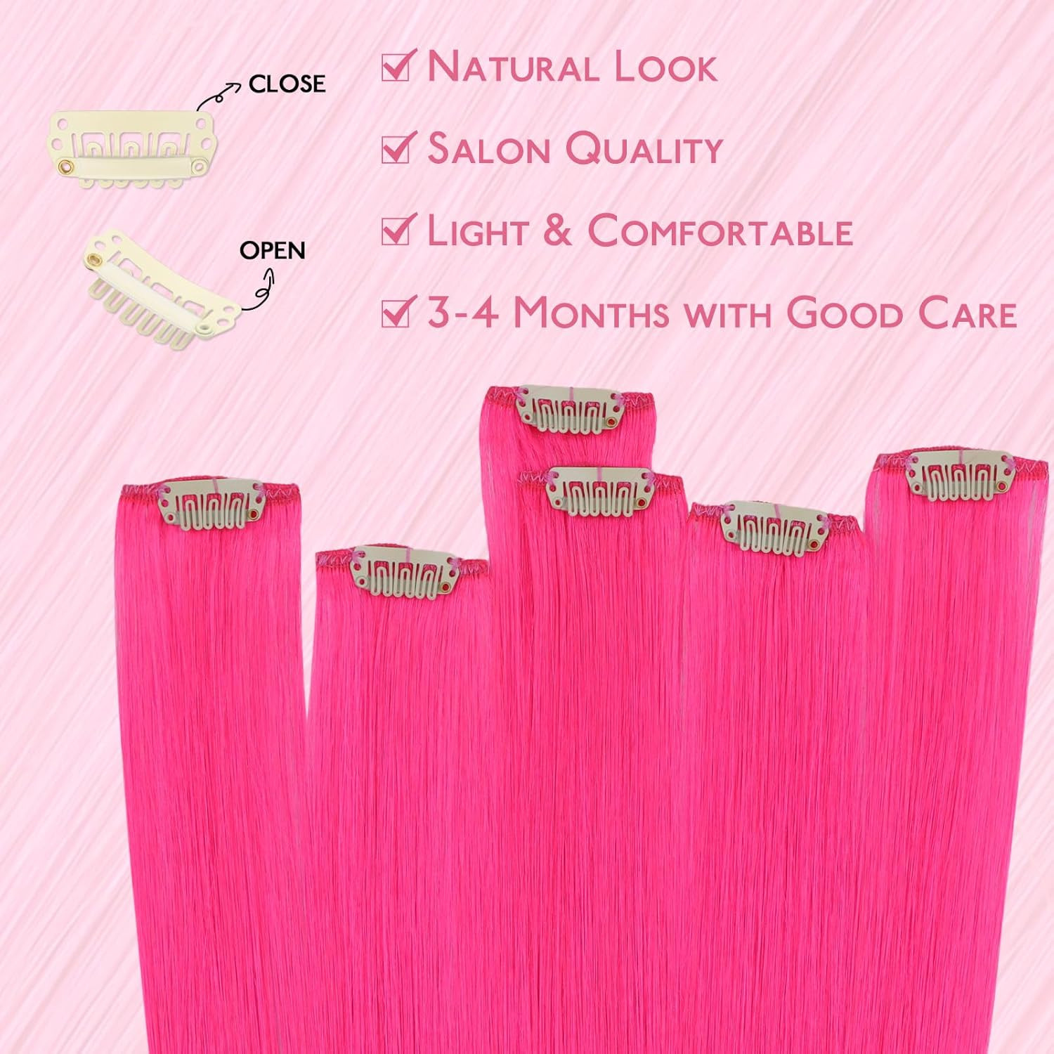 Hot Pink Clip in Hair Extensions Real Human Hair 35G 6Pcs 16 Inch Colored Hair E
