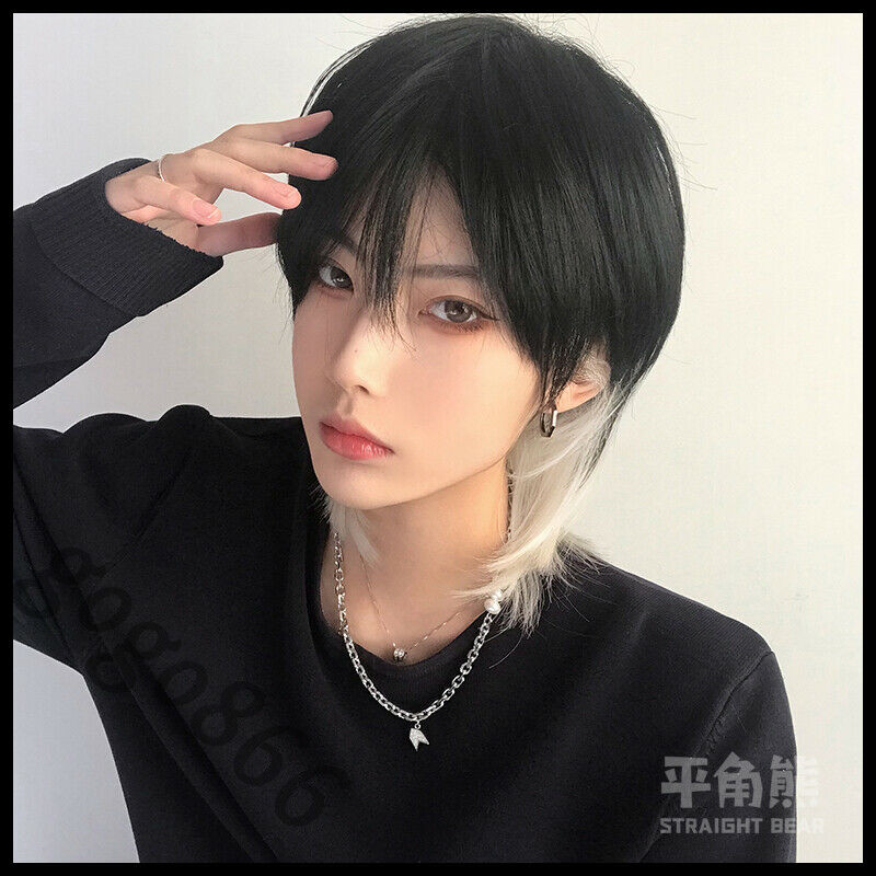Black Mix Wig Harajuku Japanese Fashion Men Boys kakkoii Gay Daily Cosplay Wig
