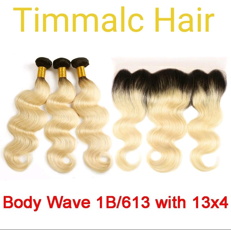 12A Brazilian Human Hair Weft 3/4 Bundle+LACE FRONTAL 13X4=Full Head 1B/613 ROOT