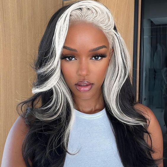 Long Body Wave Lace Front Wig Black Grey Highlights Glueless Christmas