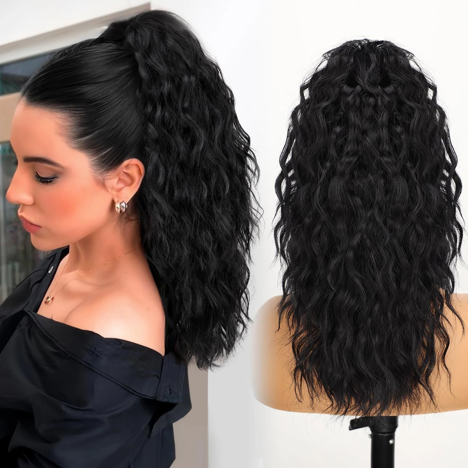 Black Brown Long Wavy Curly Synthetic Claw Clip In Ponytail Fake Hair Extension
