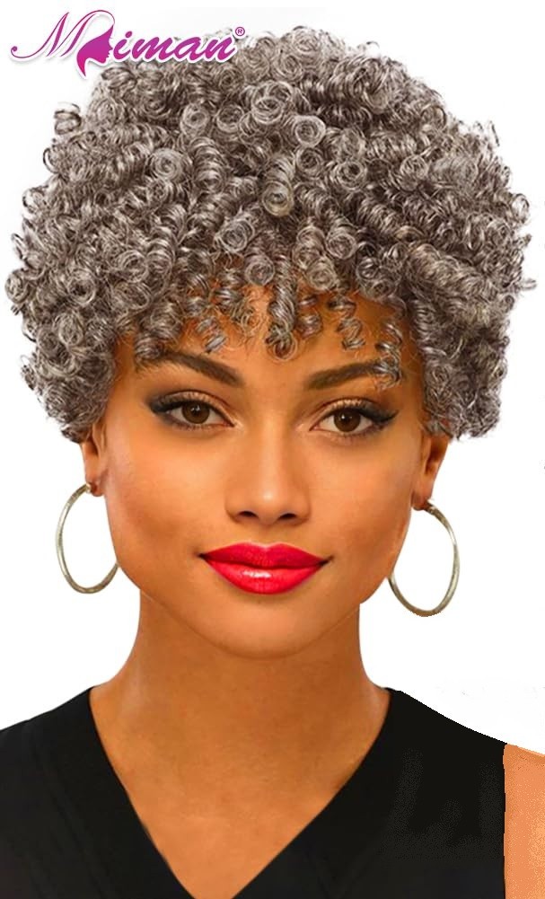 MIMAN Tight Curl Short Black Grey Afro Wig curly kink twist woman synthetic 10″