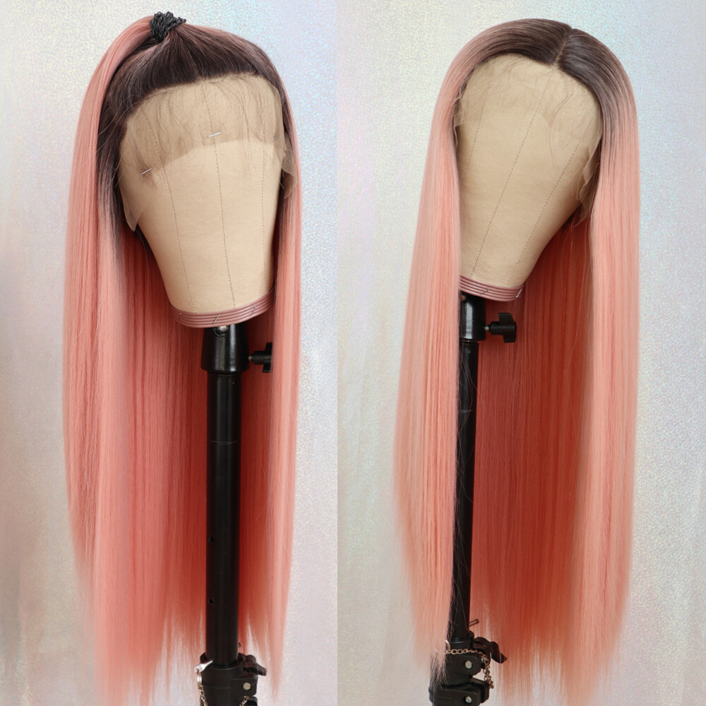 Ombre Pink Hair Synthetic Lace Front Wigs Long Straight Heat Resistant Natural