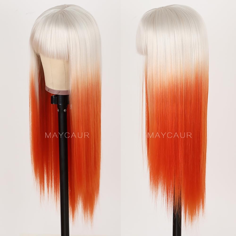 Maycaur White Orange Skunk Stripe Wigs Long Straight Synthetic Hair Wigs Full