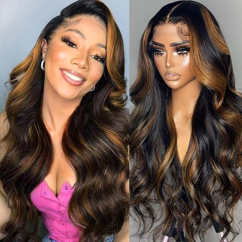 Durgio Ombre Highlight 13X6 Body Wave Lace Front Wigs Human Hair 1B/30 Brown