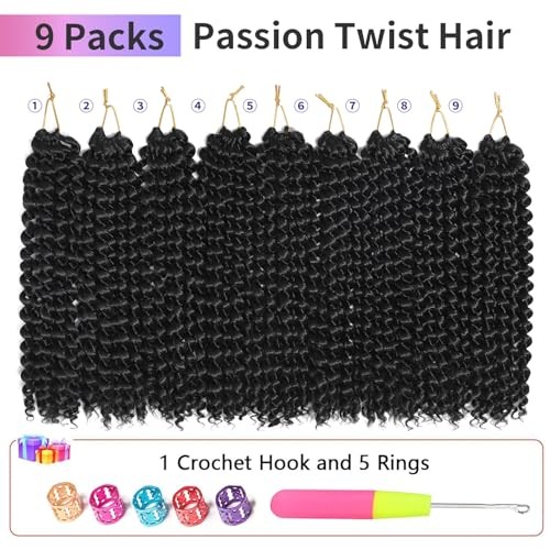 Passion Twist Crochet Hair for Women Black Color 9 Packs 10 Inch (pack of 9) 1B