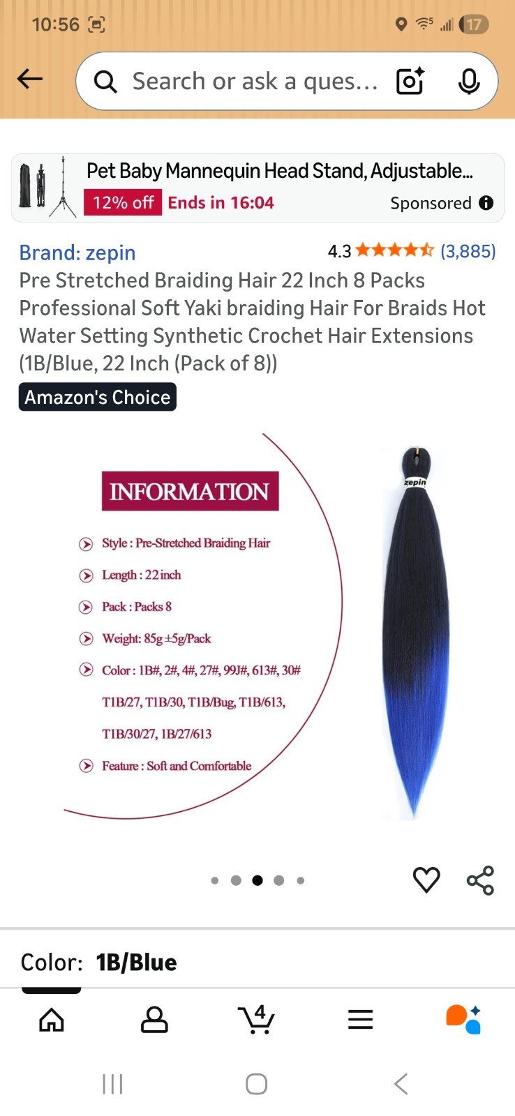 Pre Stretched Braiding Hair 22 Inch 8 Pack 1b/Blue Ombre