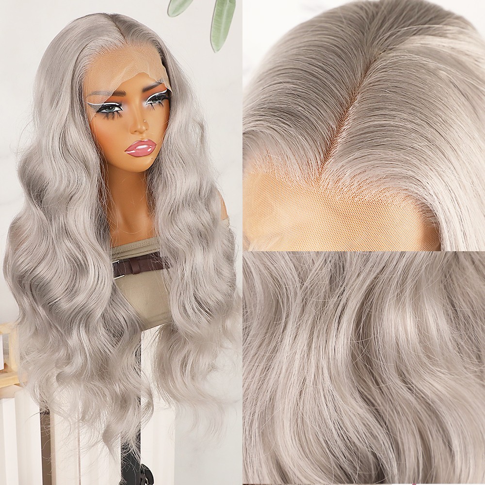 Long Wavy Gray Heat Resistant Lace Front Wig Glueless Body Wave Natural Hairline