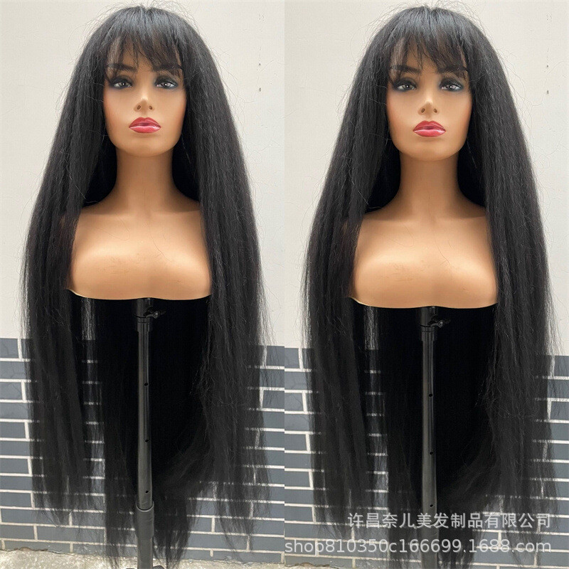 48 inch Long Kinky Straight Ash Blonde Wig with Full Bangs Fashion Party Wigs