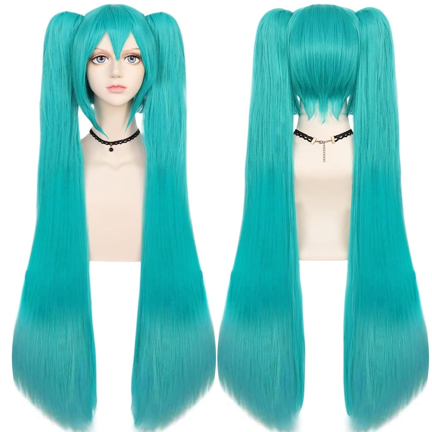 Hair Cap+48inch/120cm Green Wig Cosplay Green Teal wig Double Ponytail Wig Lo…