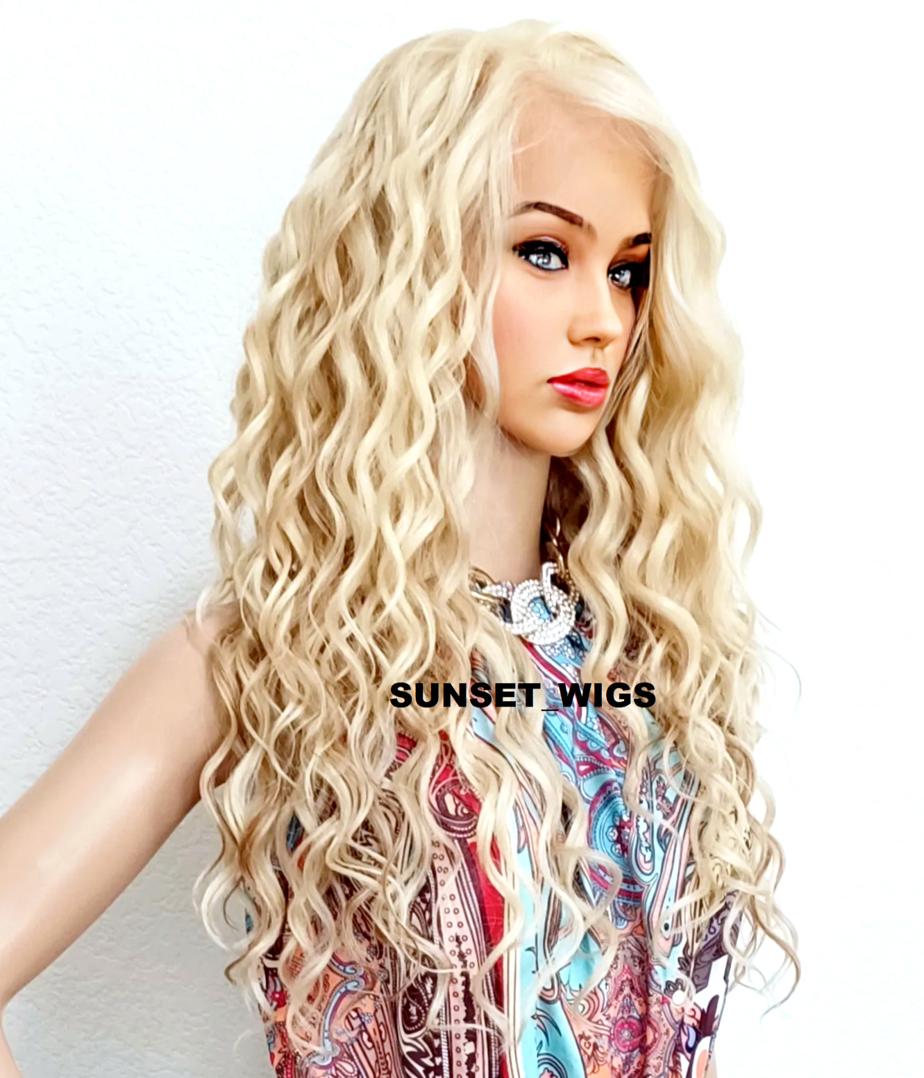 30″ FREE PART LACE FRONT WIG LONG CURLY LAYERED BLEACH BLONDE MIX HEAT OK