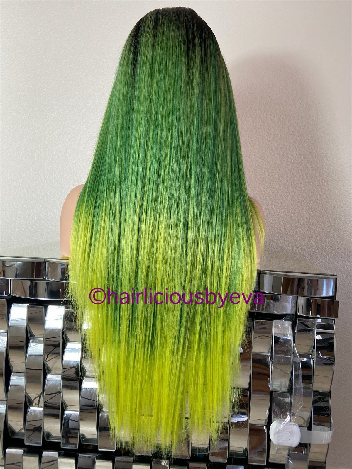 Pastel rainbow wig ombré black green yellow middle part 26 inch long straight