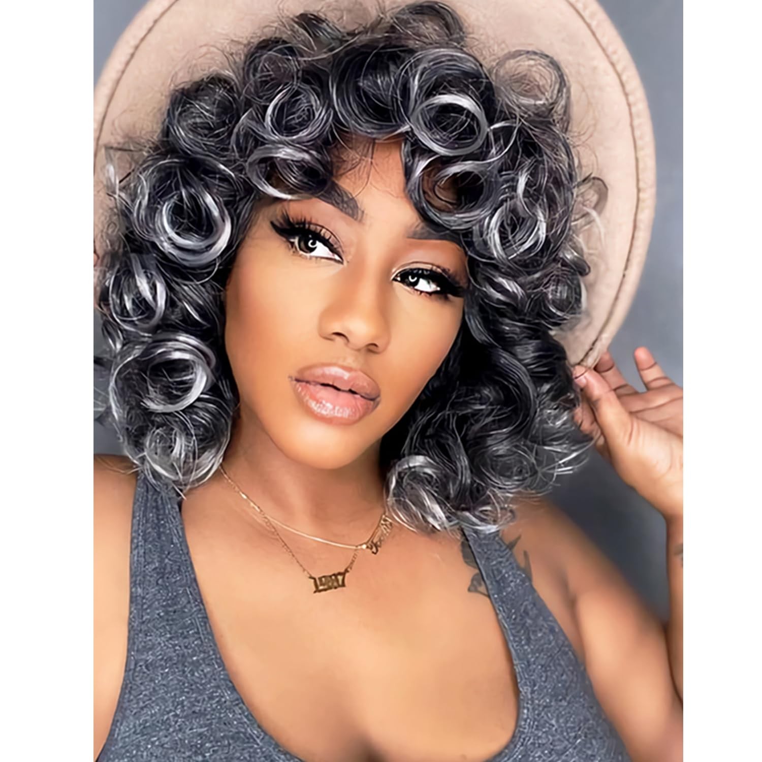 Grey Curly Wig with Bangs for Black Women Glueless Wear and Go Wig Afro Curly…