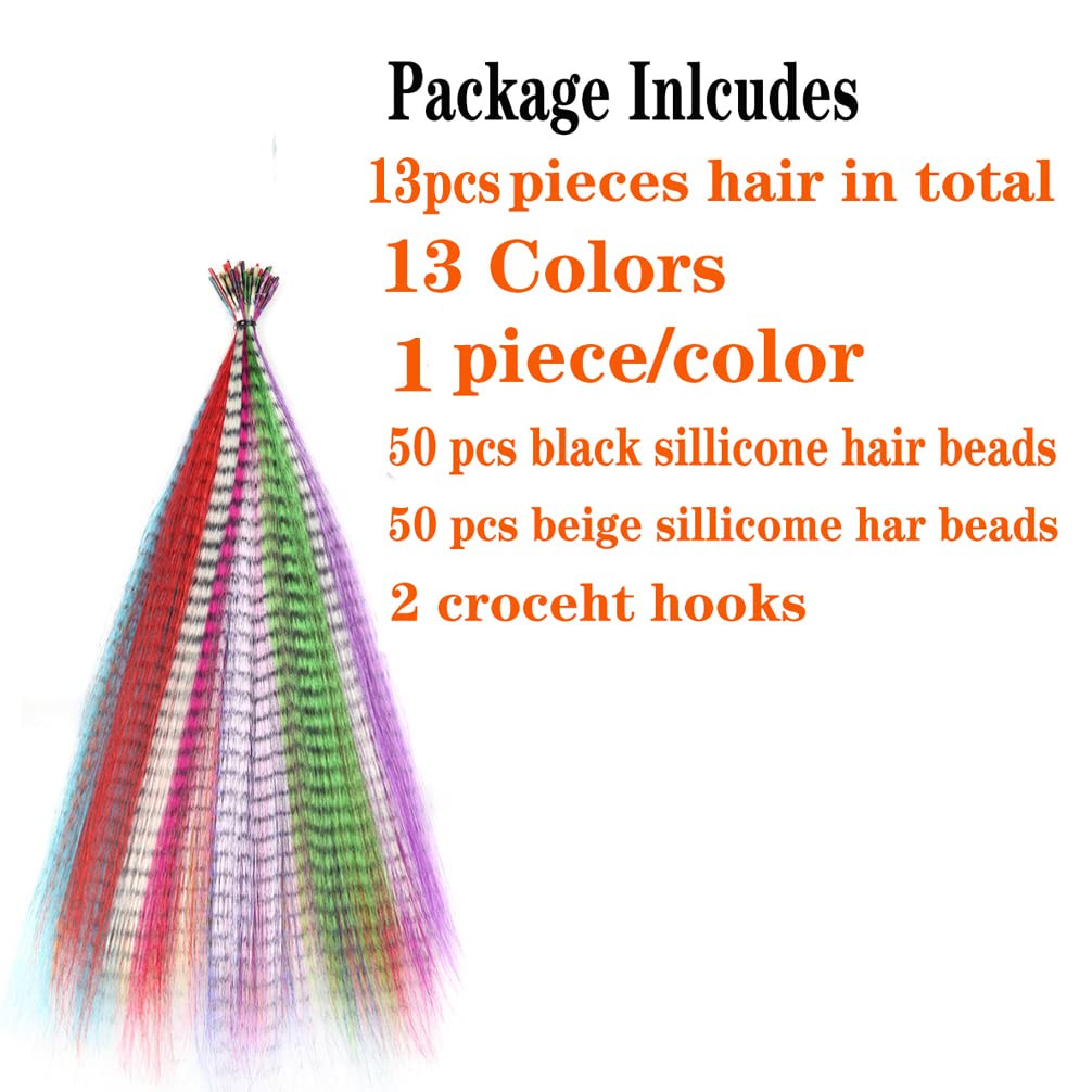 13Pcs Synthetic Feather Hair Extensions for Women 20Inch Hairpieces with 100Pcs