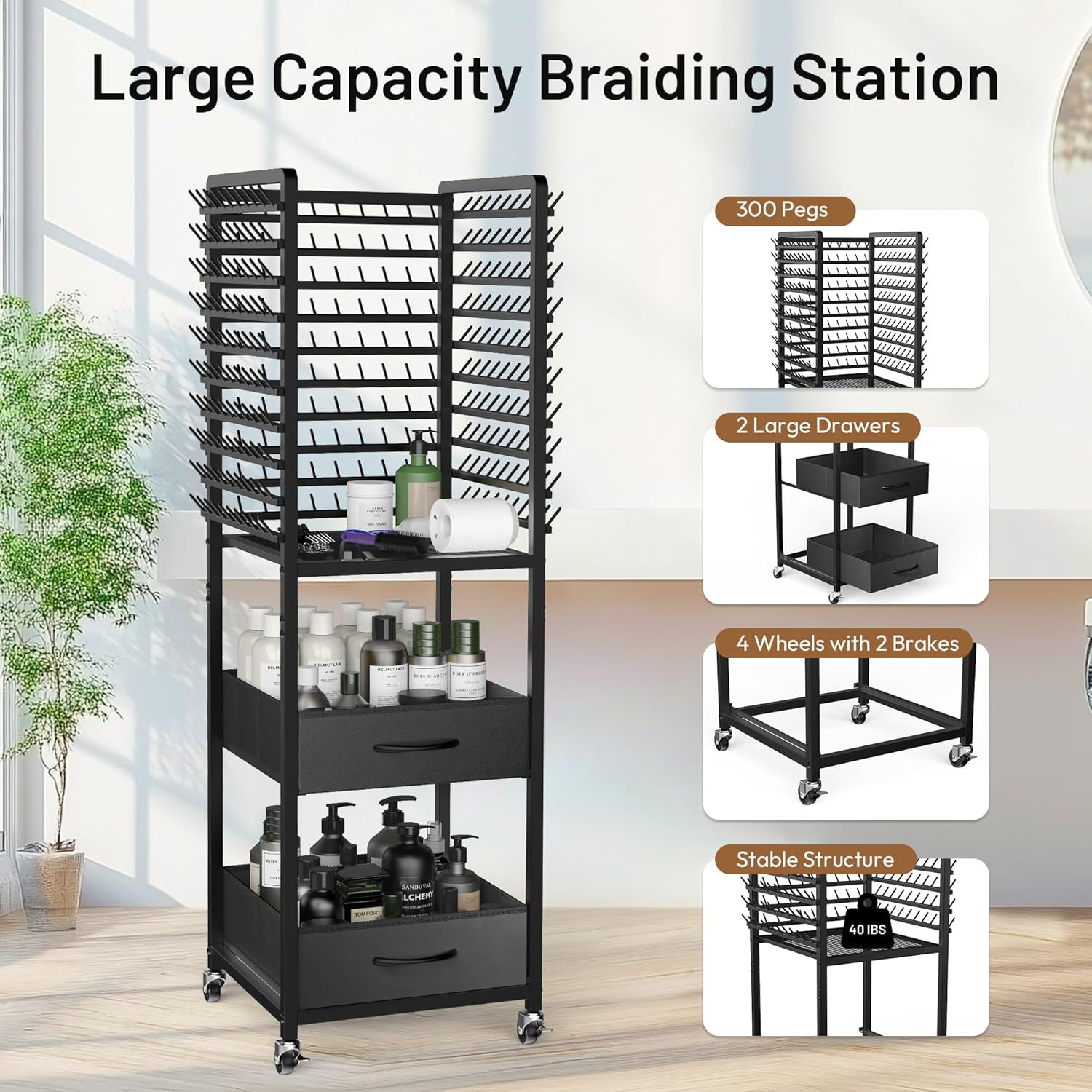300 Pegs Braiding Rack with Large Drawers, 3-Sided Hair Rack with Wheels and 16