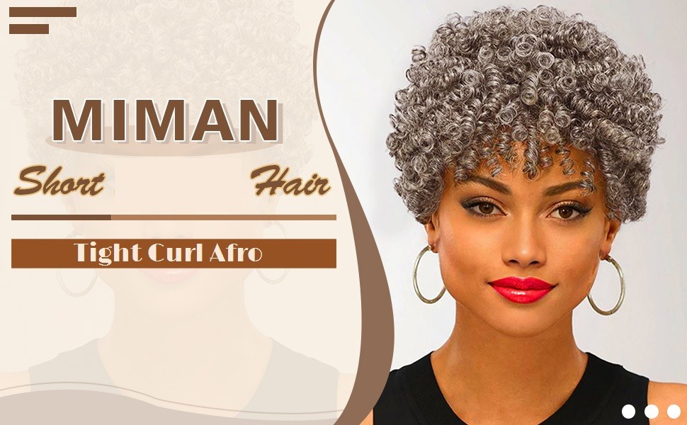 MIMAN Tight Curl Short Black Grey Afro Wig curly kink twist woman synthetic 10″