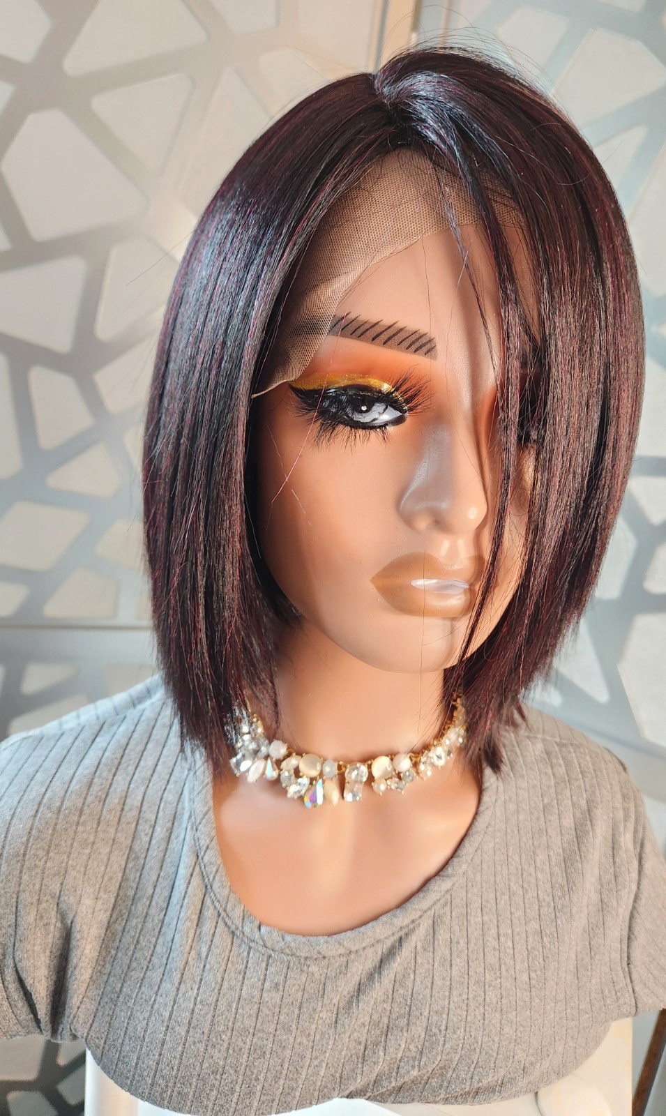 Burgundy Straight Wig Lace Front Human Hair Blend Short Brown Wig Glueless 99J
