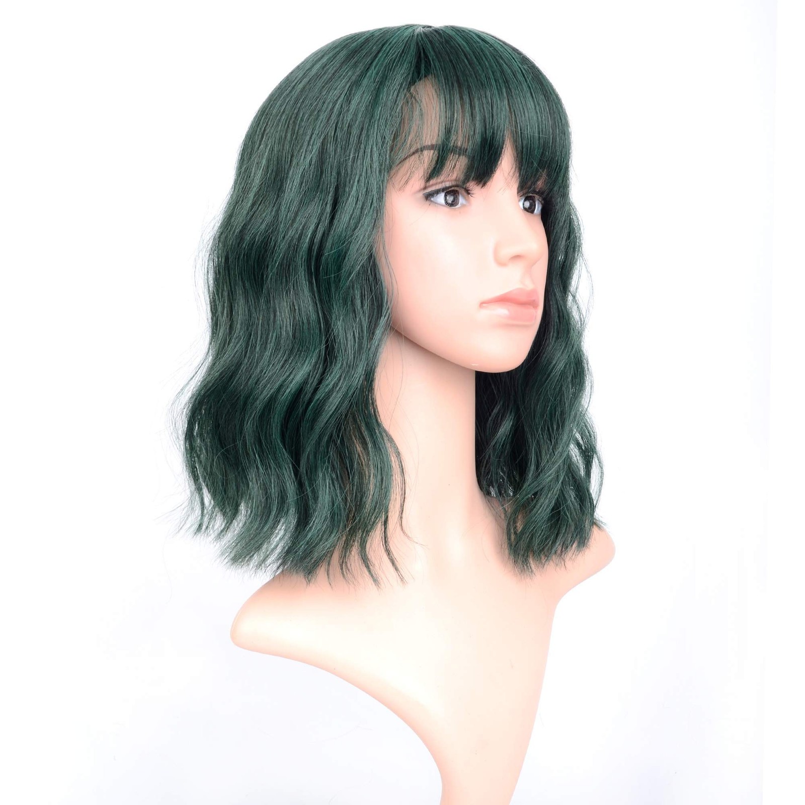 Faelbaty Short Green Wigs Air Bangs Shoulder Length Bob Wig For Women Curly