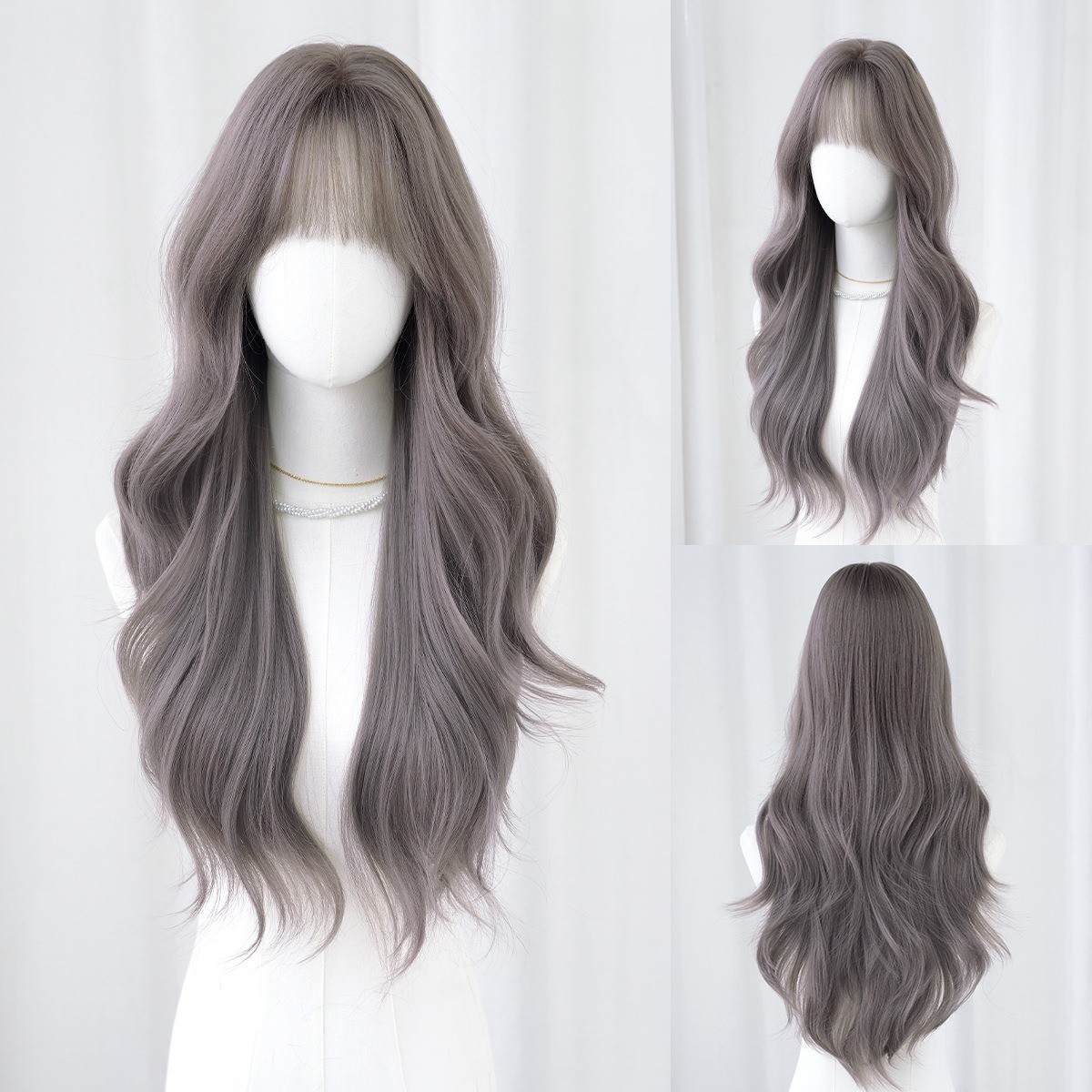 Grayish-purple long wavy hair with fringe-style bangs artificial hair natural