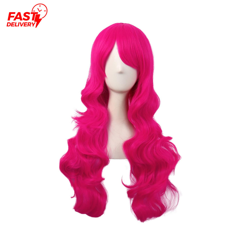 Elegant 28 Inch Hot Pink Curly Wig – Stylish Side Bangs for Bold Hairstyles