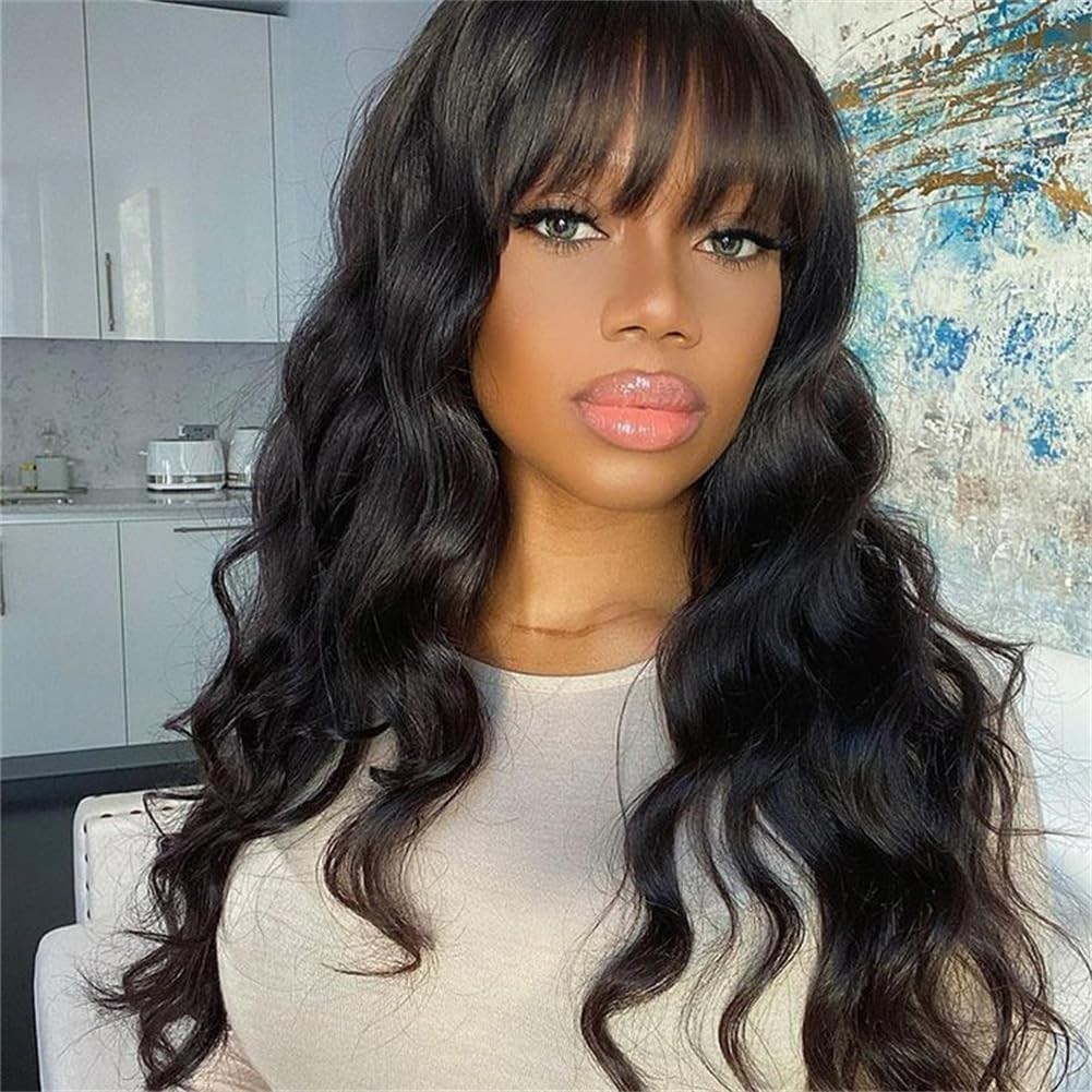 Human Hair Wigswith Bangs Body Wave Wig Glueless Machine Made Wig with Bang