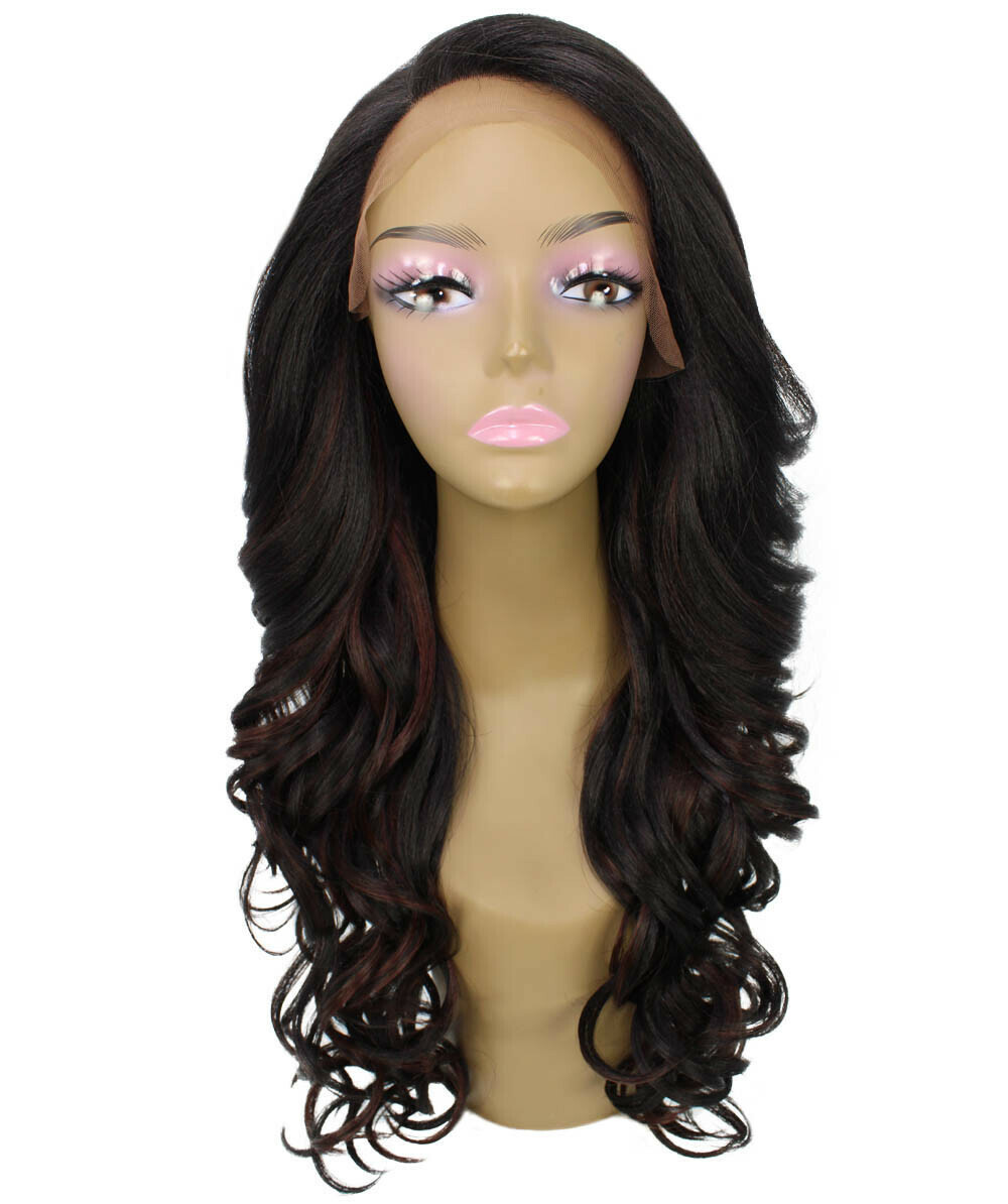 Wavy 24.5 in 13×2.5 Hand Tied Lace Front Wig, Black with Auburn Highlights