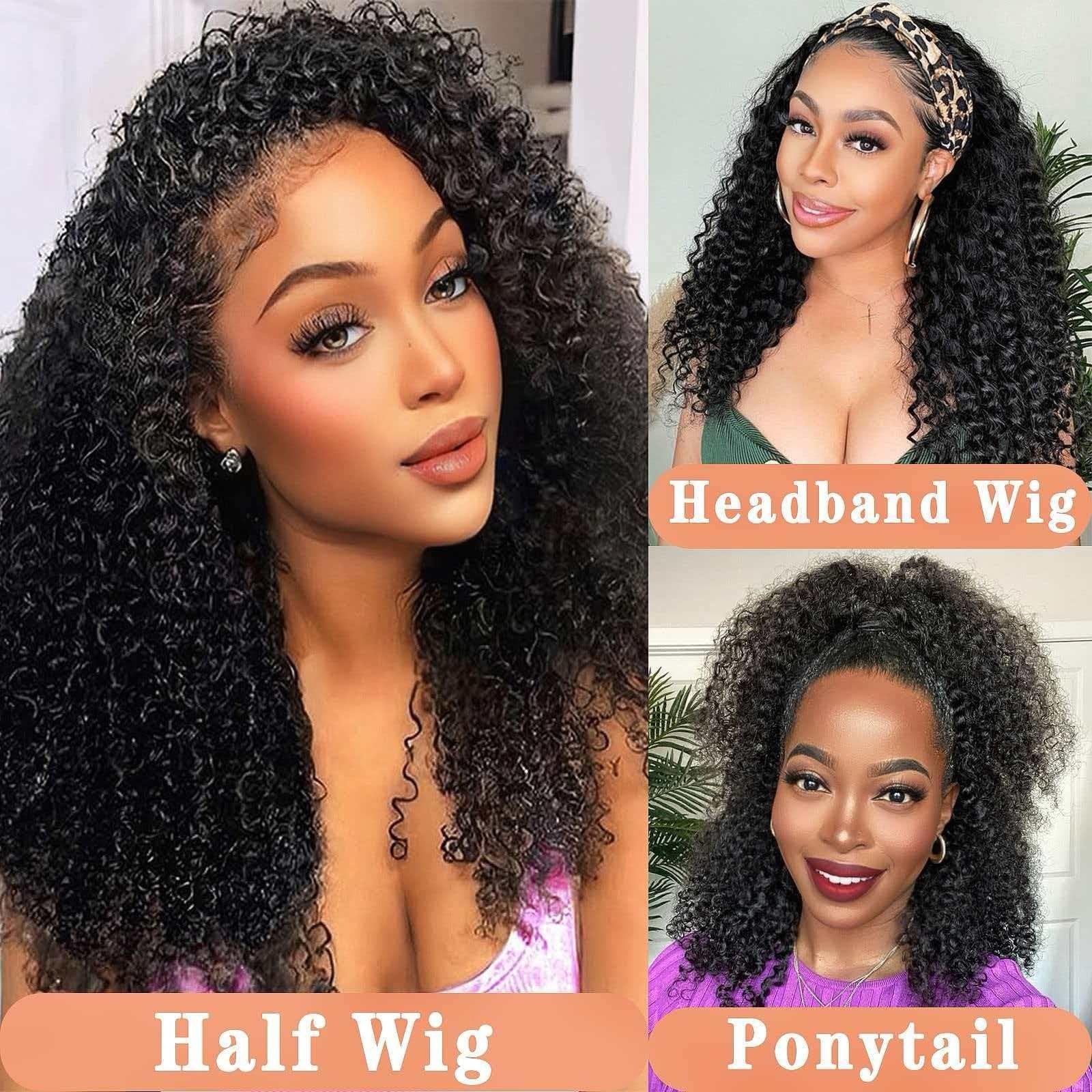 24″ Deep Wave Half Wig – 200% Density Curly Drawstring Headband for Black Women