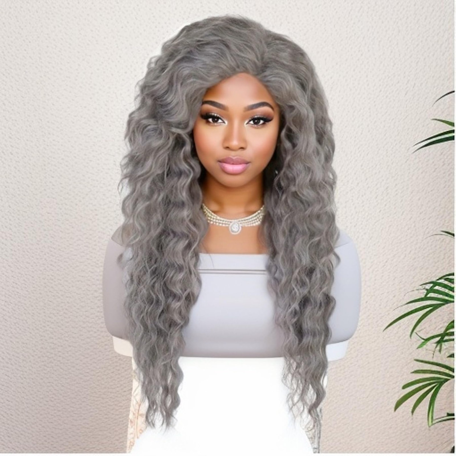 28 inches Long Grey Cosplay Wig – Natural Wavy Fluffy Curly Hair Synthetic Fi…