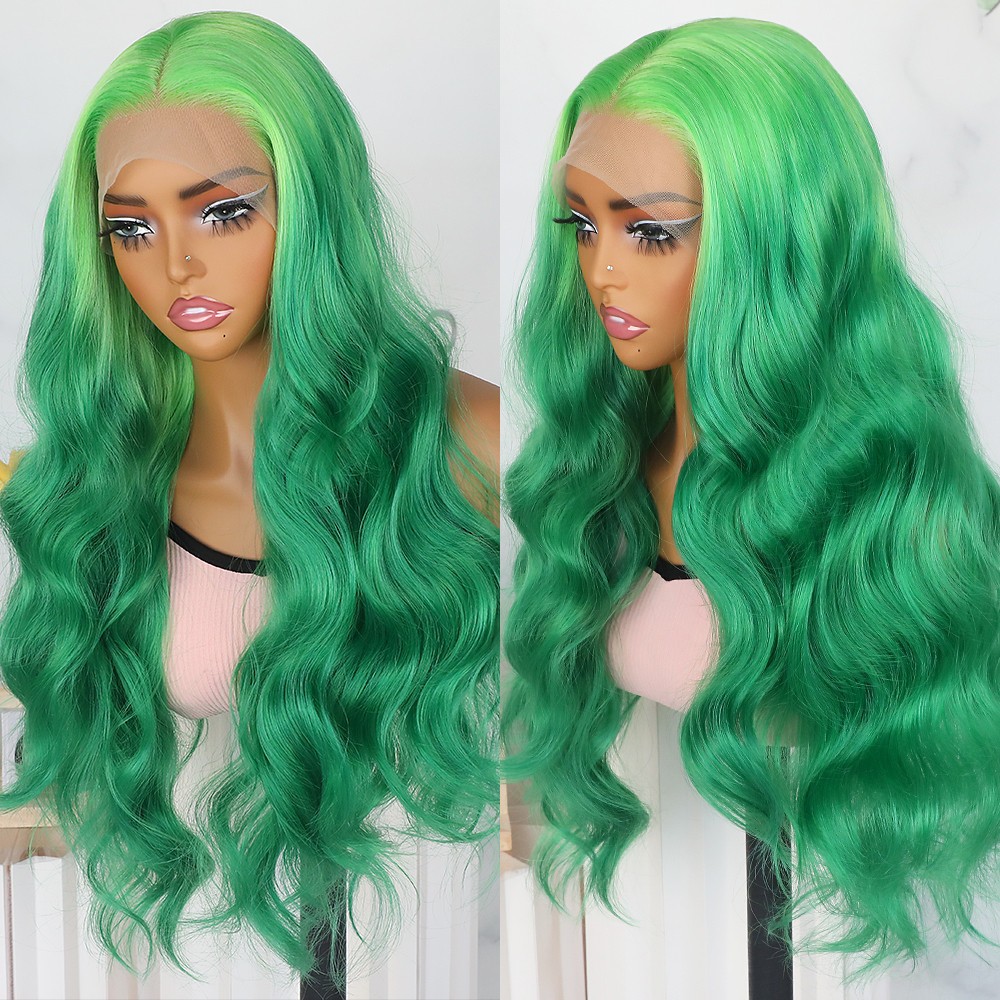 Ombre Green Hair Long Body Wave Lace Front Wigs Glueless for Women Daily Party