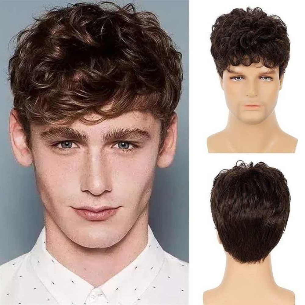 Men’s 8in Short Curly Brown Wig Full Heat Resistant Synthetic Cosplay Party