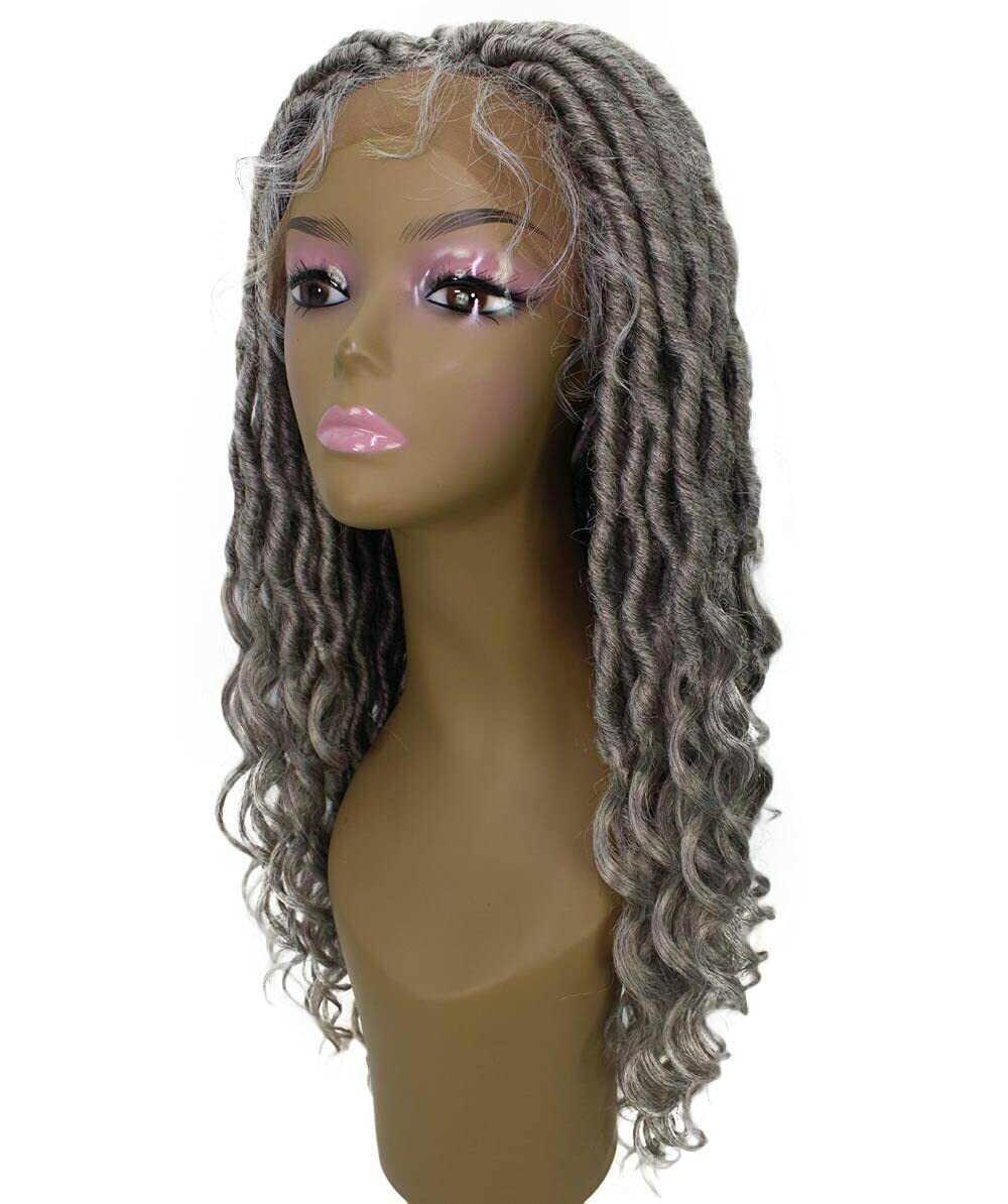 LUXLUXE Andrea 4×4 Curly Long 4X4 Hand Tied Lace Braid Grey Wig