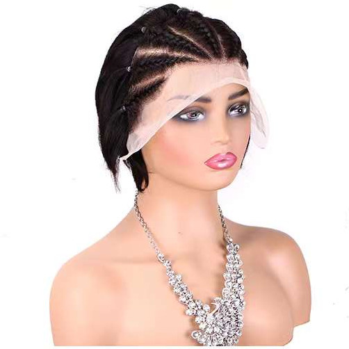 6 Inch Black Short Straight Wigs 13×6 Lace Front Braid 100% Human Hair Wig Women