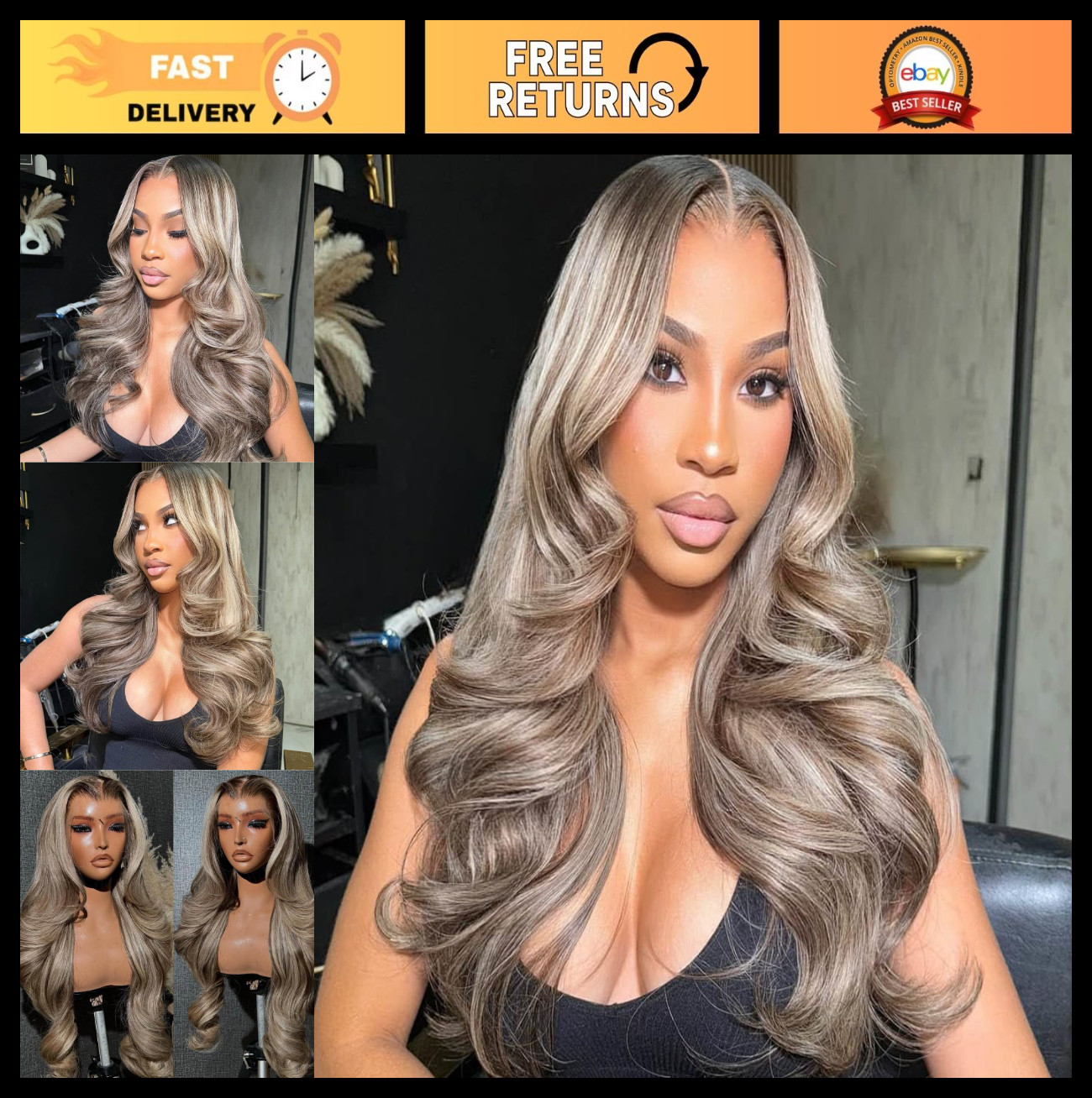 13×6 Lace Front Wig – Ombre Milk Tea Ash Blonde & Brown Highlights, 210% Density