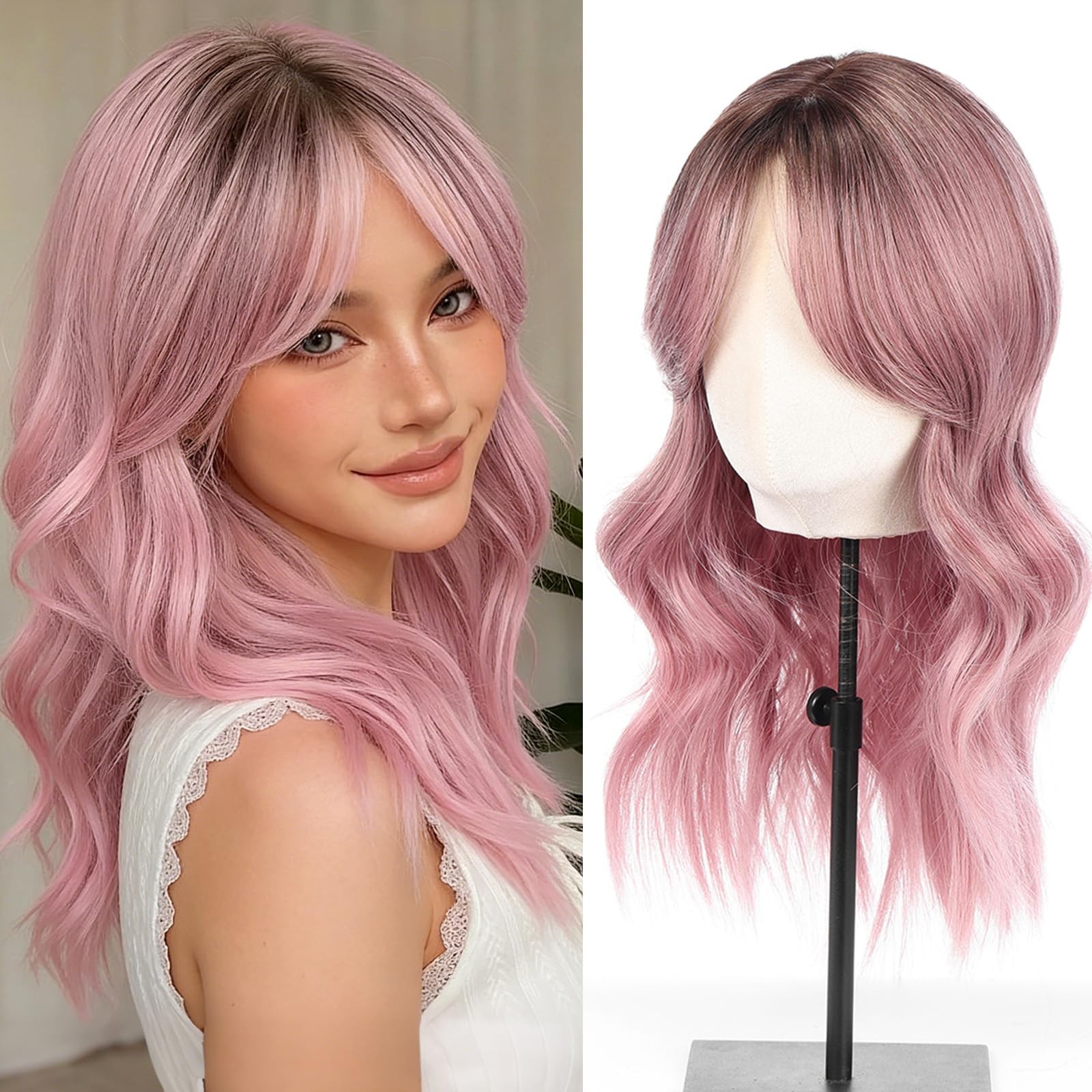 Testar Ombre Dark Pink Middle Part Bob Wavy Wigs For Women Heat Resistant