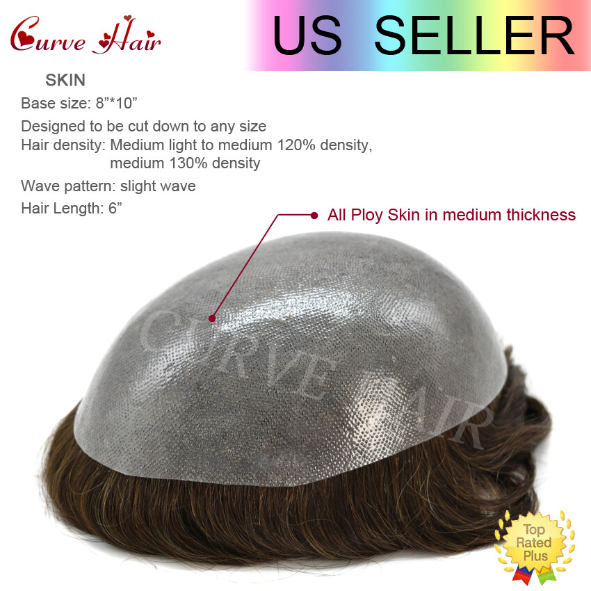 US Mens Toupee Human Hair Piece Full Poly Thin Skin Men Hair Replacement Systems