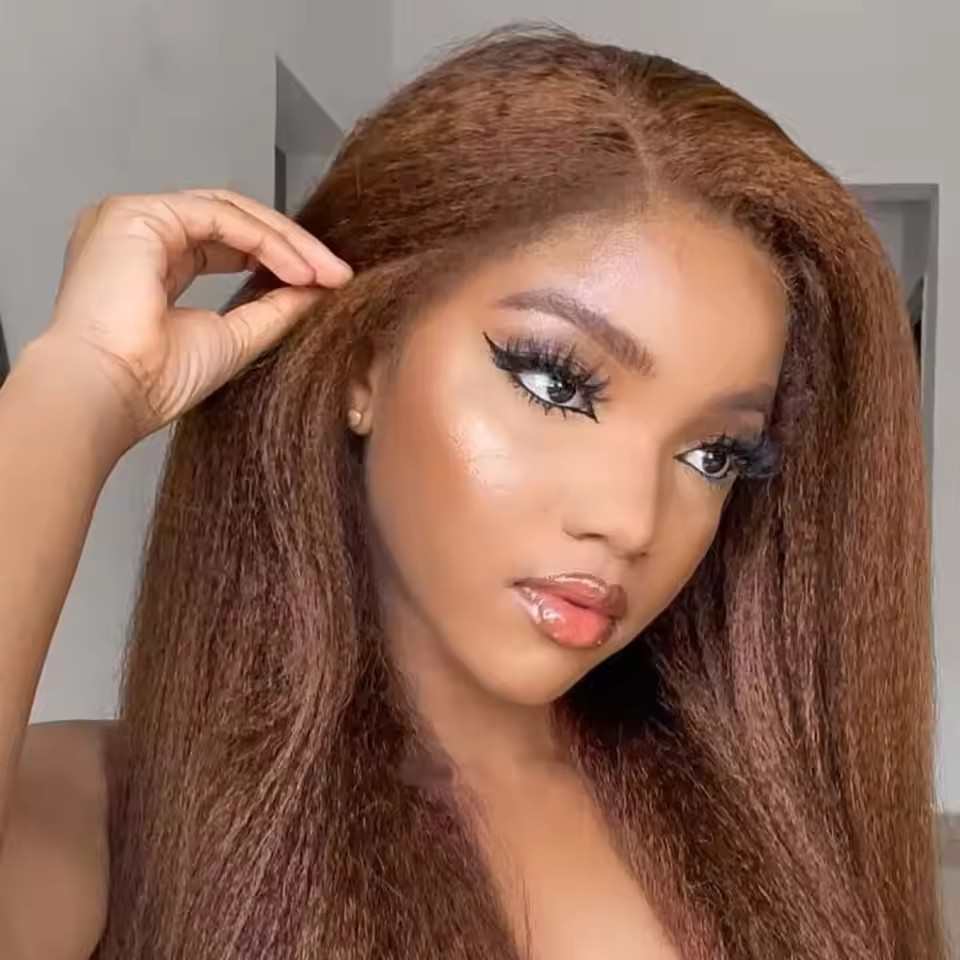 Kinky Straight Chocolate Brown Human Hair Wigs 200% Density 360 Lace Frontal Wig