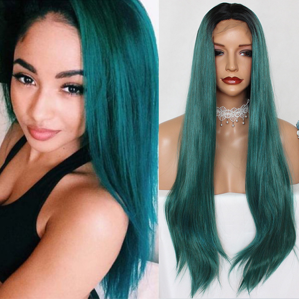 Ombre Green Color Long Synthetic Lace Front Wig Full Hair Wig Straight Heat Safe