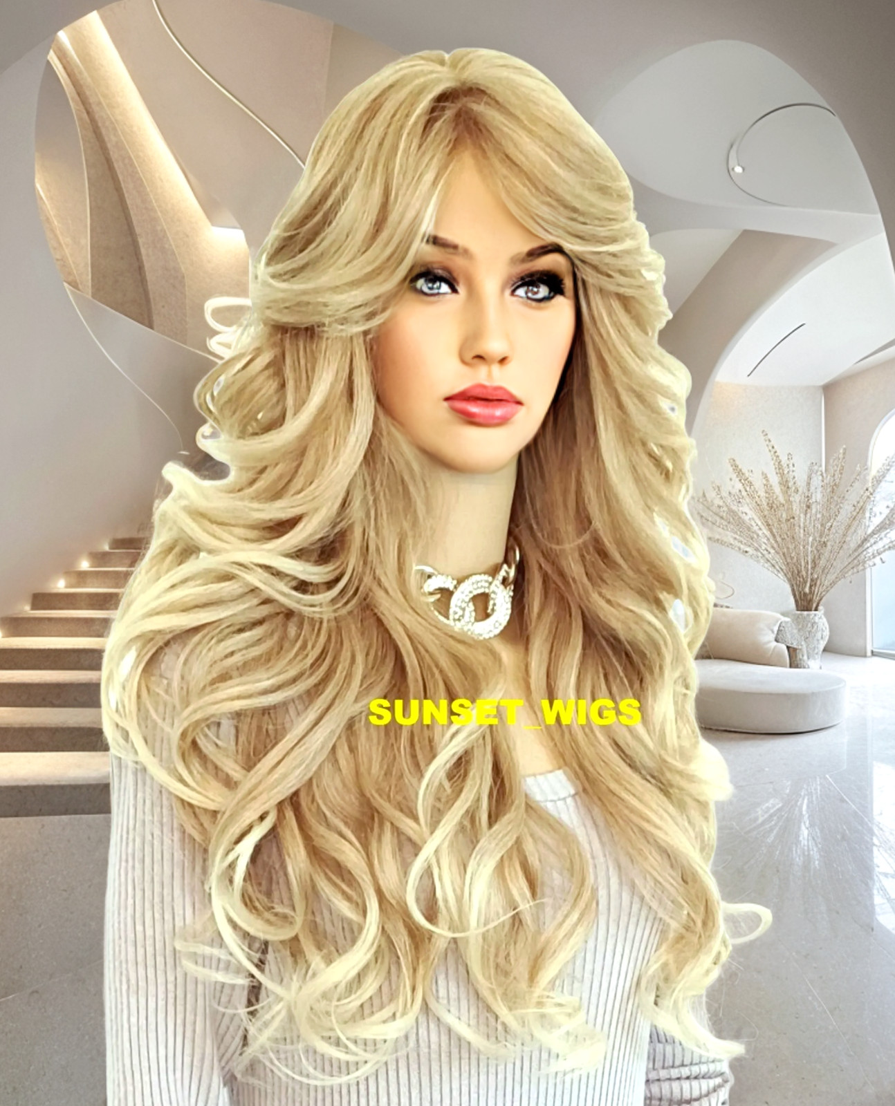 34″ FULL WIG LONG WAVY LAYERED SIDE SKIN PART MEDIUM BLONDE MIX HEAT OK
