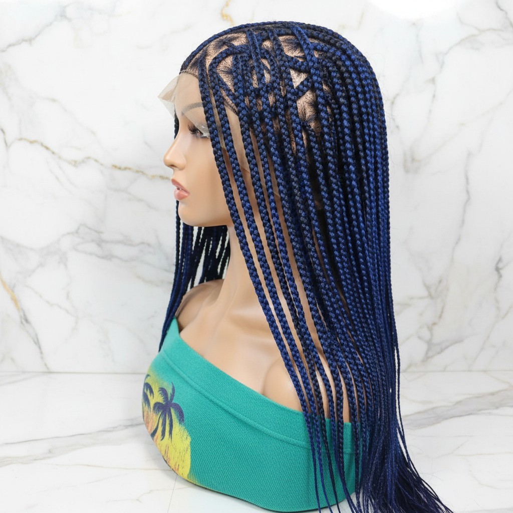 Braided Wig Full Lace Baby Hair. Blue & Black Braids. 32 inches