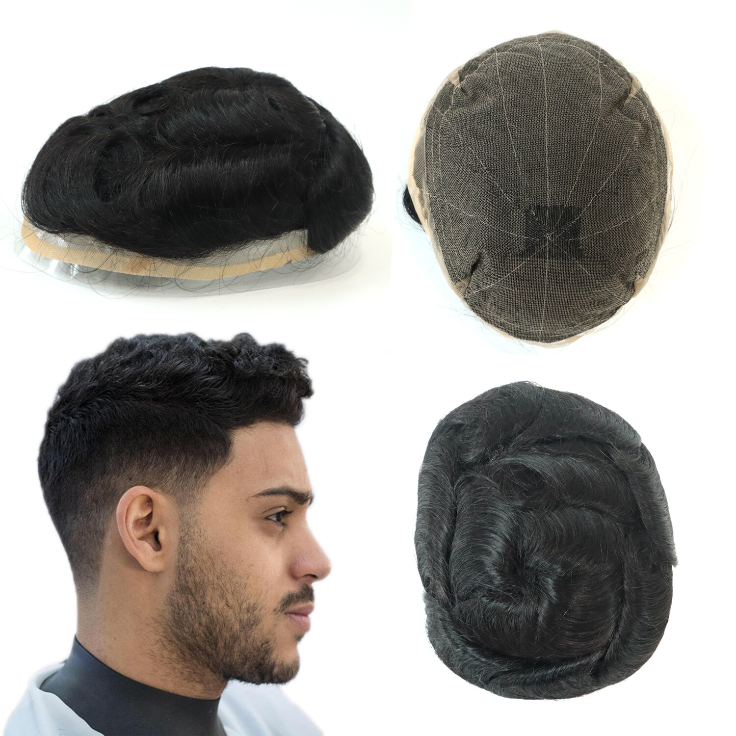 Mens Toupee Human Hair Replacement System All French Lace Black Hairpieces #1B