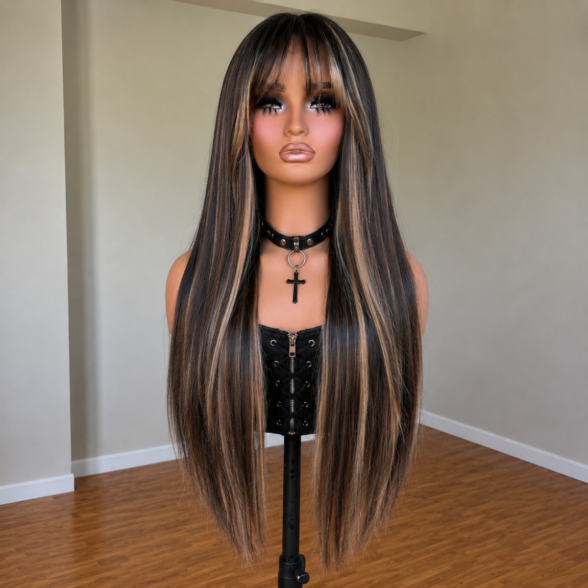 Synthetic Hair Long Straight Dress Up Wigs With Bangs Mixed Brown blonde
