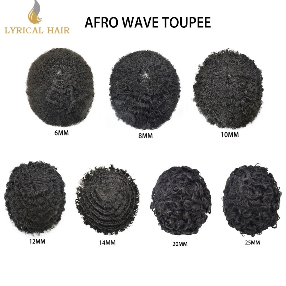 US 20mm Curly Toupee For Men Human Hair System Skin PU Deep Wavy Mens Hair Piece