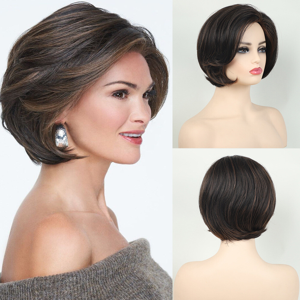 Short Black Mix Auburn Blonde Bob Wigs for Women Daily None Lace Synthetic