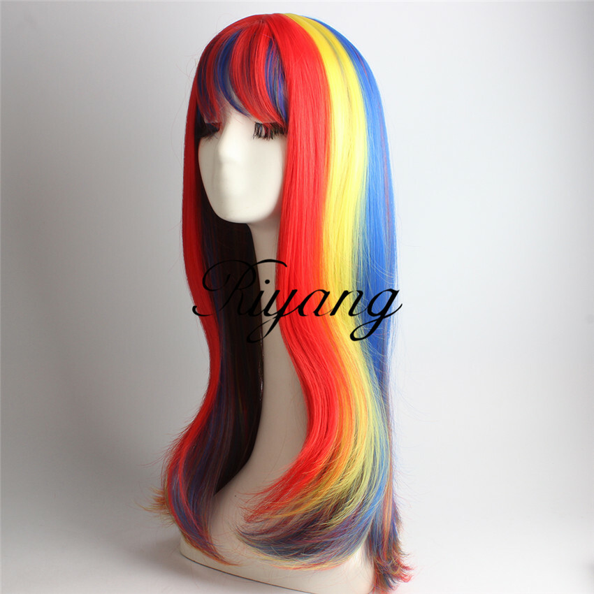 Multi-Color Straight Rainbow Costume Wig with Full Bang Long for Women Synthetic