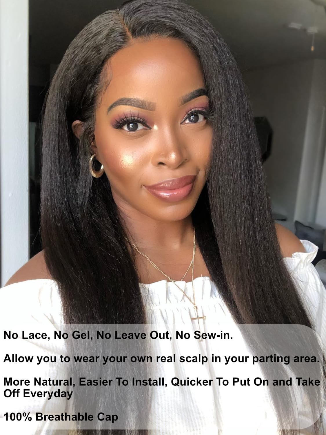 Kinky Straight V Part Wig – Glueless Human Hair, Clip-in, No Leave Out, 18